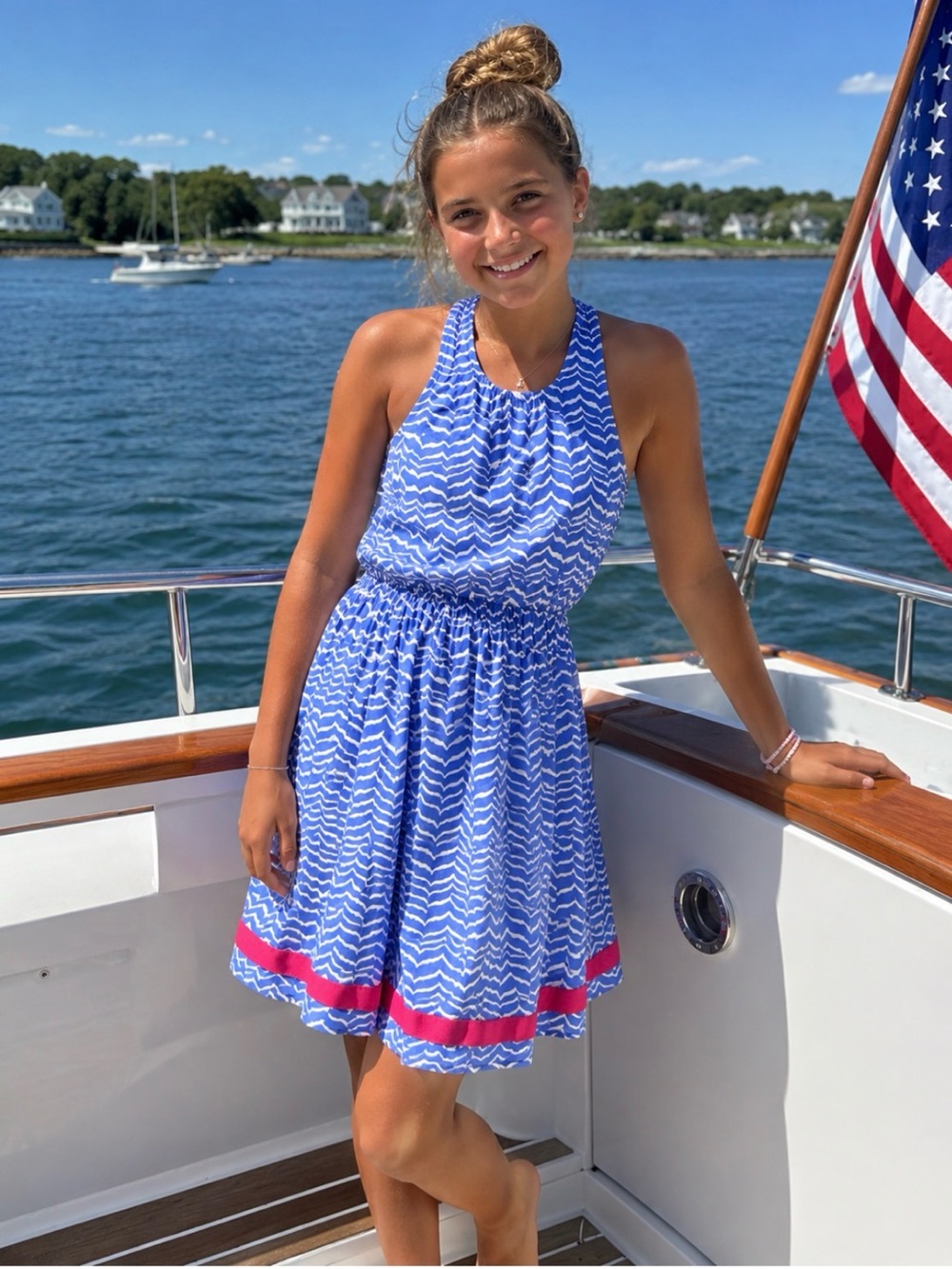 Vineyard Vines Blue and White Wave Print Halter Dress with Pink Trim